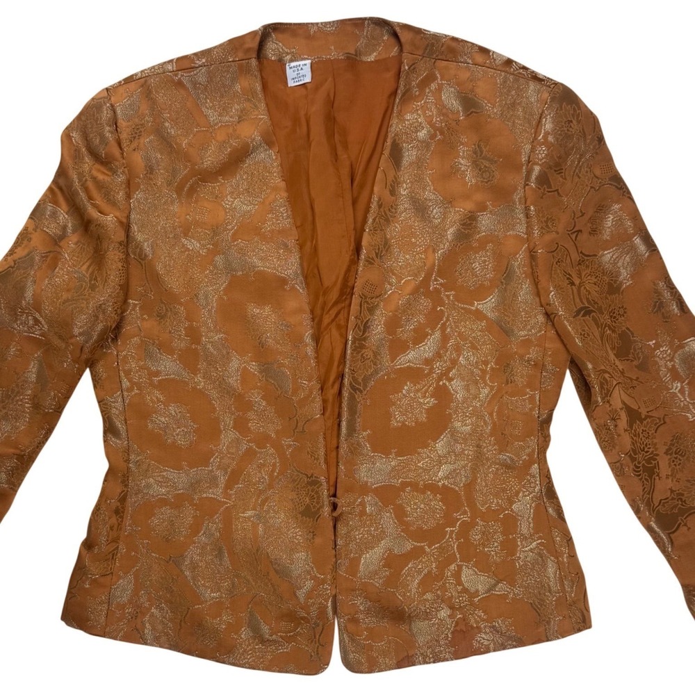 Vintage‎ ILGWU Gold Floral Brocade Blazer Jacket Copper Metallic Open Front Sz 8